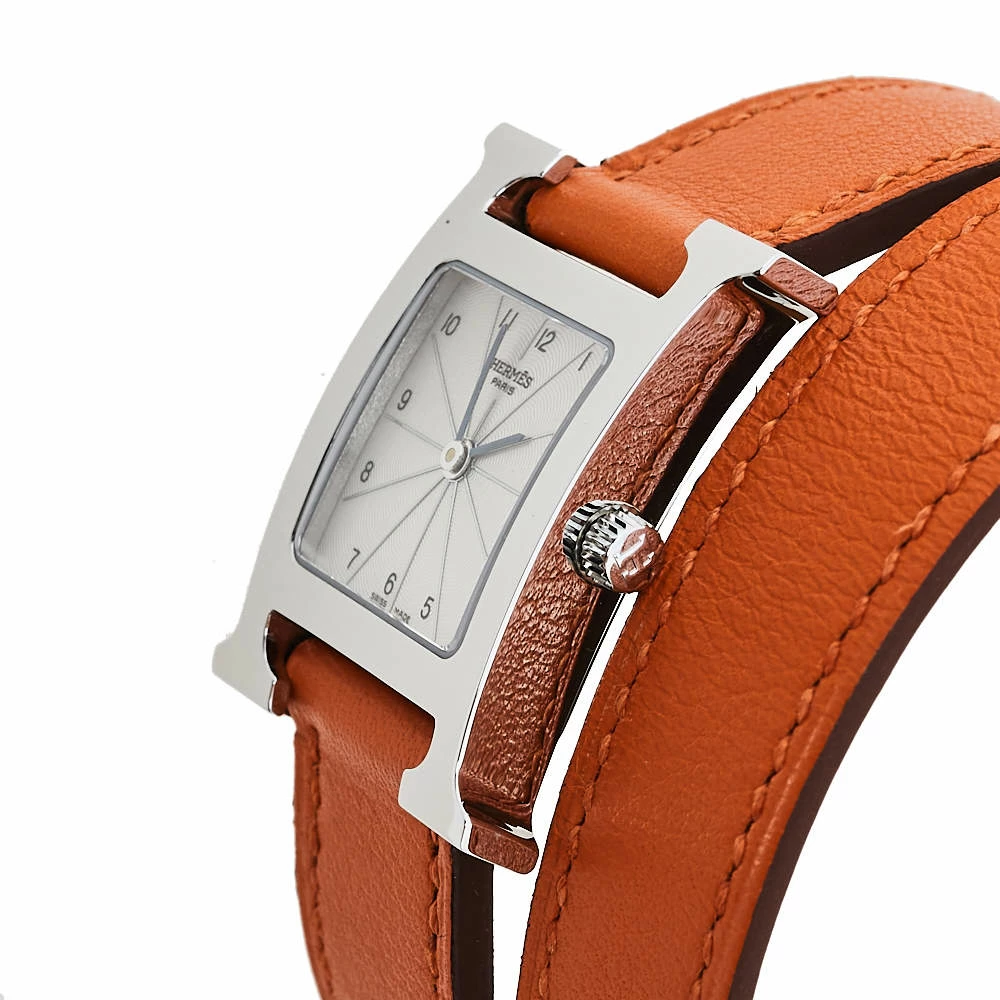Hermes Silver Stainless Steel Leather Wrap Heure H HH1.210 Women's Wristwatch 21 Mm For Women 4 Hermes Silver Stainless Steel Leather Wrap Heure H HH1.210 Women's Wristwatch 21 Mm For Women - Image 2