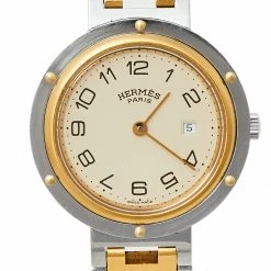 Hermes Cream Two-Tone Stainless Steel Clipper Women's Wristwatch 30 Mm For Women -Deals Hermes Store luxury women hermes used watches p446153 009
