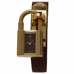Hermes Burgundy Gold-Plated Stainless Steel Kelly Women's Wristwatch 20MM For Women -Deals Hermes Store luxury women hermes used watches p47218 003