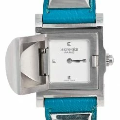 Hermes Silver Stainless Steel Leather Medor Me2.210 Women's Wristwatch 23 Mm For Women -Deals Hermes Store luxury women hermes used watches p491893 006