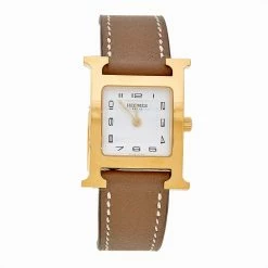 Hermes White Yellow Gold Plated Stainless Steel Leather Heure H HH1201 Women's Wristwatch 21 Mm For Women
