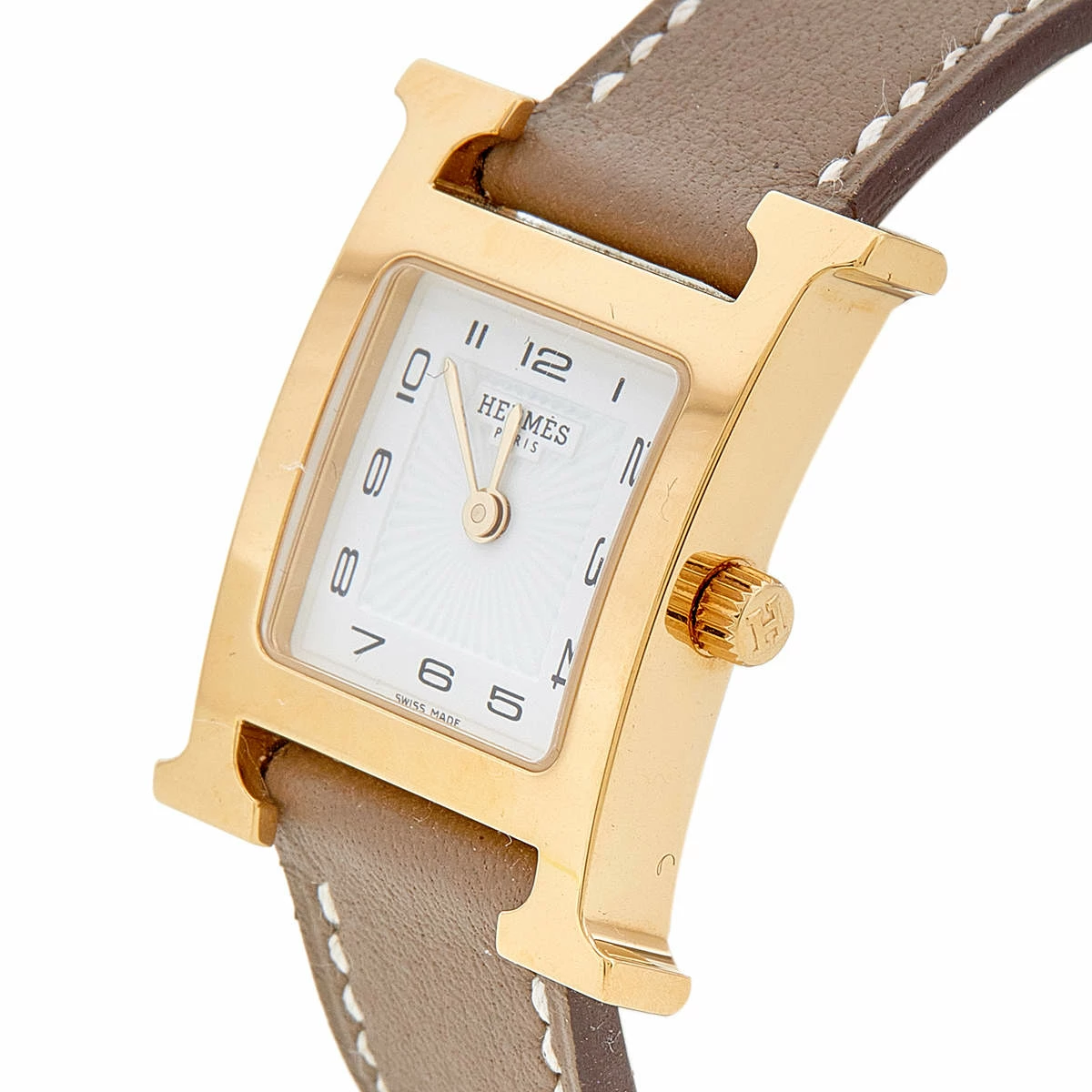 Hermes White Yellow Gold Plated Stainless Steel Leather Heure H HH1201 Women's Wristwatch 21 Mm For Women 4 Hermes White Yellow Gold Plated Stainless Steel Leather Heure H HH1201 Women's Wristwatch 21 Mm For Women - Image 2