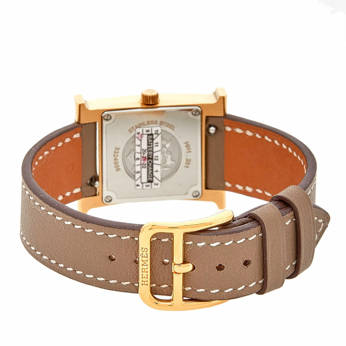 Hermes White Yellow Gold Plated Stainless Steel Leather Heure H HH1201 Women's Wristwatch 21 Mm For Women 7 Hermes White Yellow Gold Plated Stainless Steel Leather Heure H HH1201 Women's Wristwatch 21 Mm For Women - Image 5