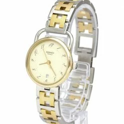 Hermes Silver Yellow Gold Plated Stainless Steel AR3.220 Arceau Quartz Women's Wristwatch 25 MM For Women