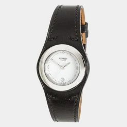 Hermes Stainless Steel Black Leather Harnais Watch For Women