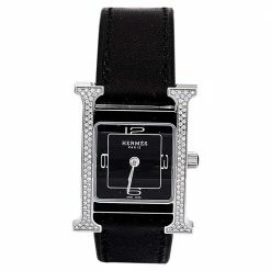 Hermes Black Stainless Steel Diamond Leather Heure H W046478WW00 Women's Wristwatch 21 Mm For Women